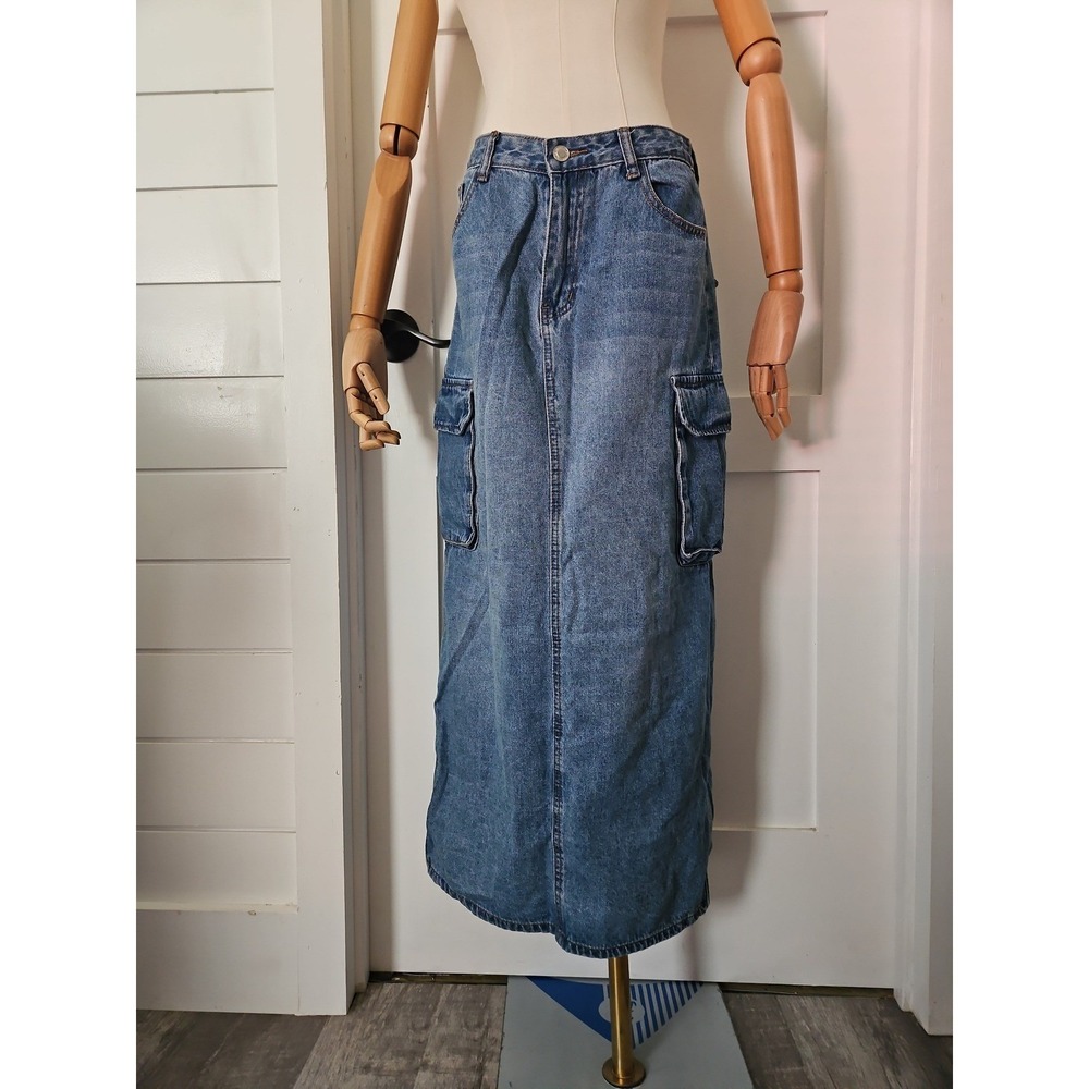 Angel Kiss Denim Cargo Maxi Skirt Size 9 29 Y2K Utility Medium Wash Long Slit